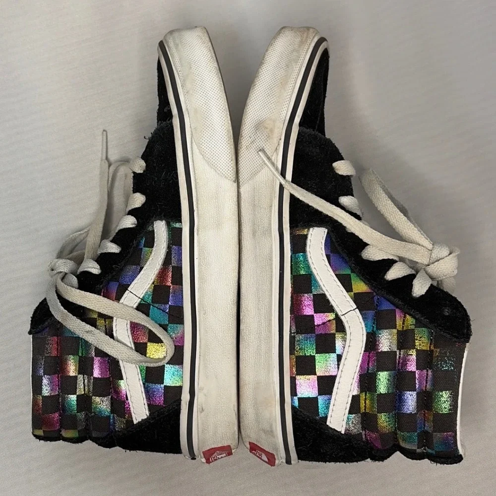 Vans Sk8-Hi Kids 2.0 Black Suede Iridescent Rainbow Checkerboard High Top Shoes